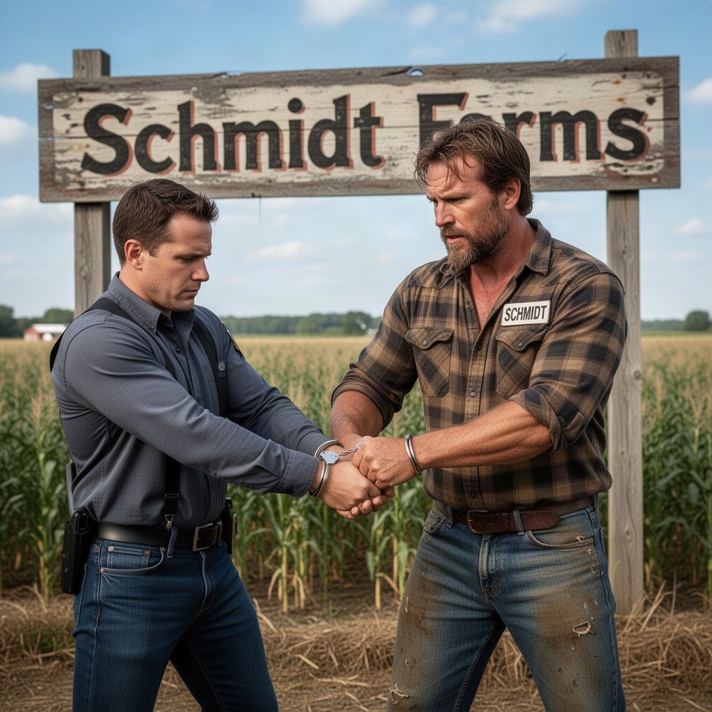 An action-packed scene depicting an ice agent being handcuffed by a rugged farmer, who has the name tag 'Schmidt'