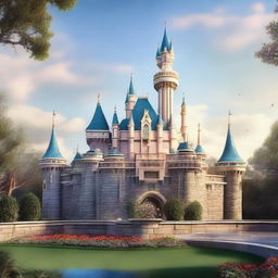 A realistic rendering of the iconic Disneyland Castle, capturing its palatial architecture and enchanting aura.