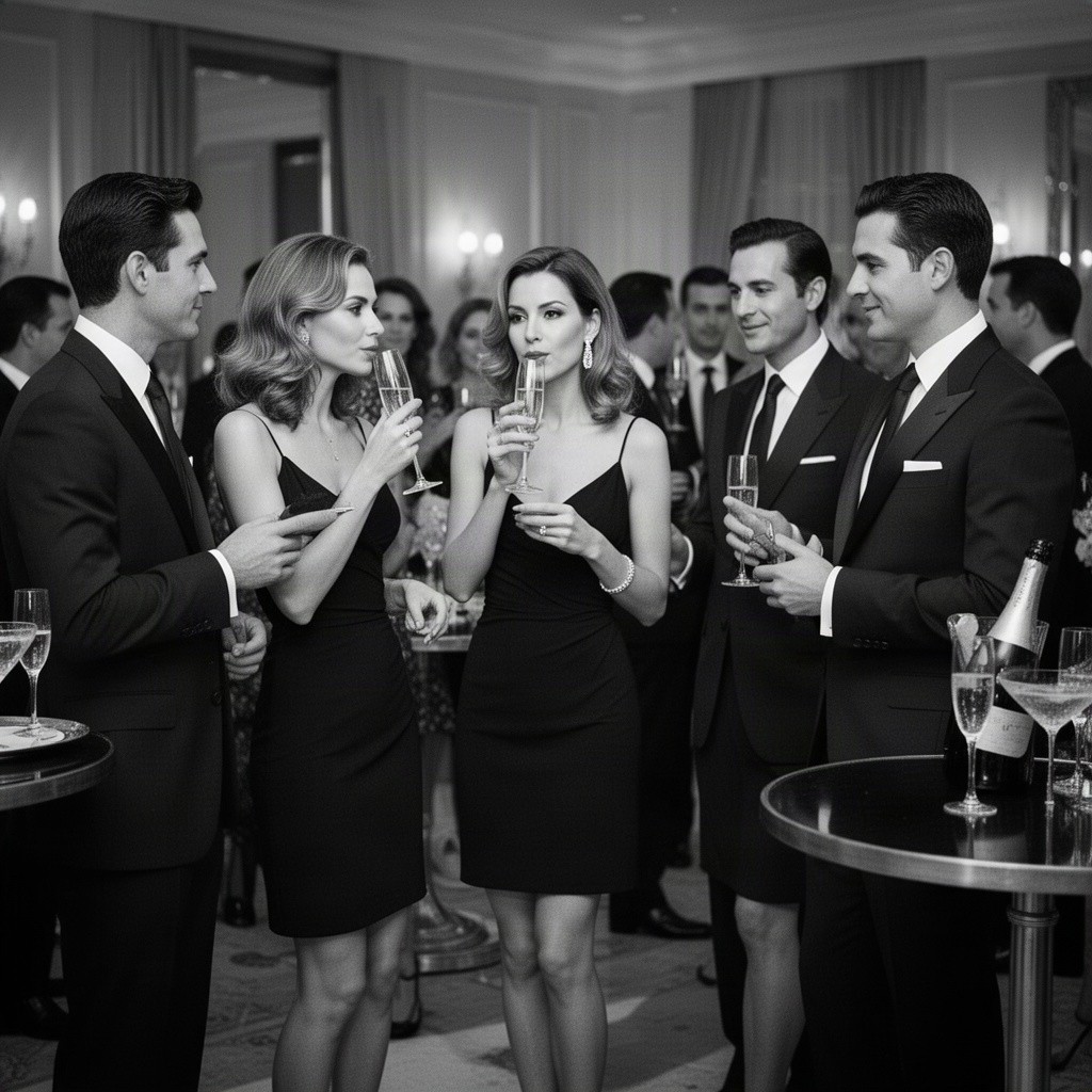 A sophisticated black and white image depicting a lively cocktail party scene
