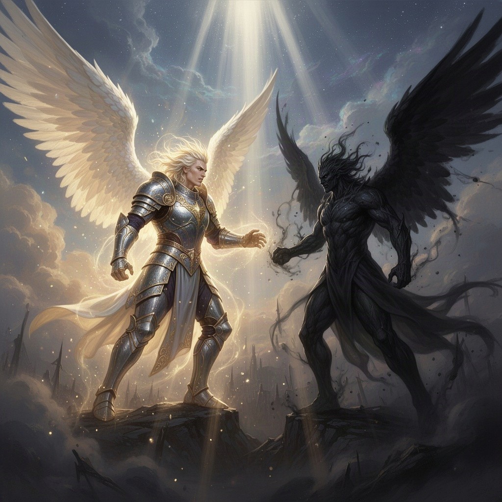 A dramatic scene depicting the confrontation between the angel Samael and a powerful being named Malik