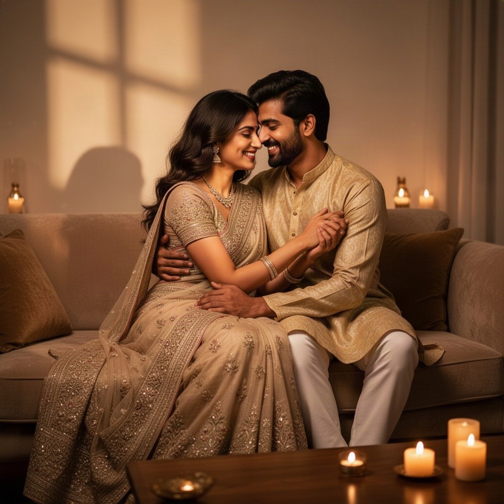 A romantic yet intimate scene featuring an Indian couple embracing in a cozy and softly lit room