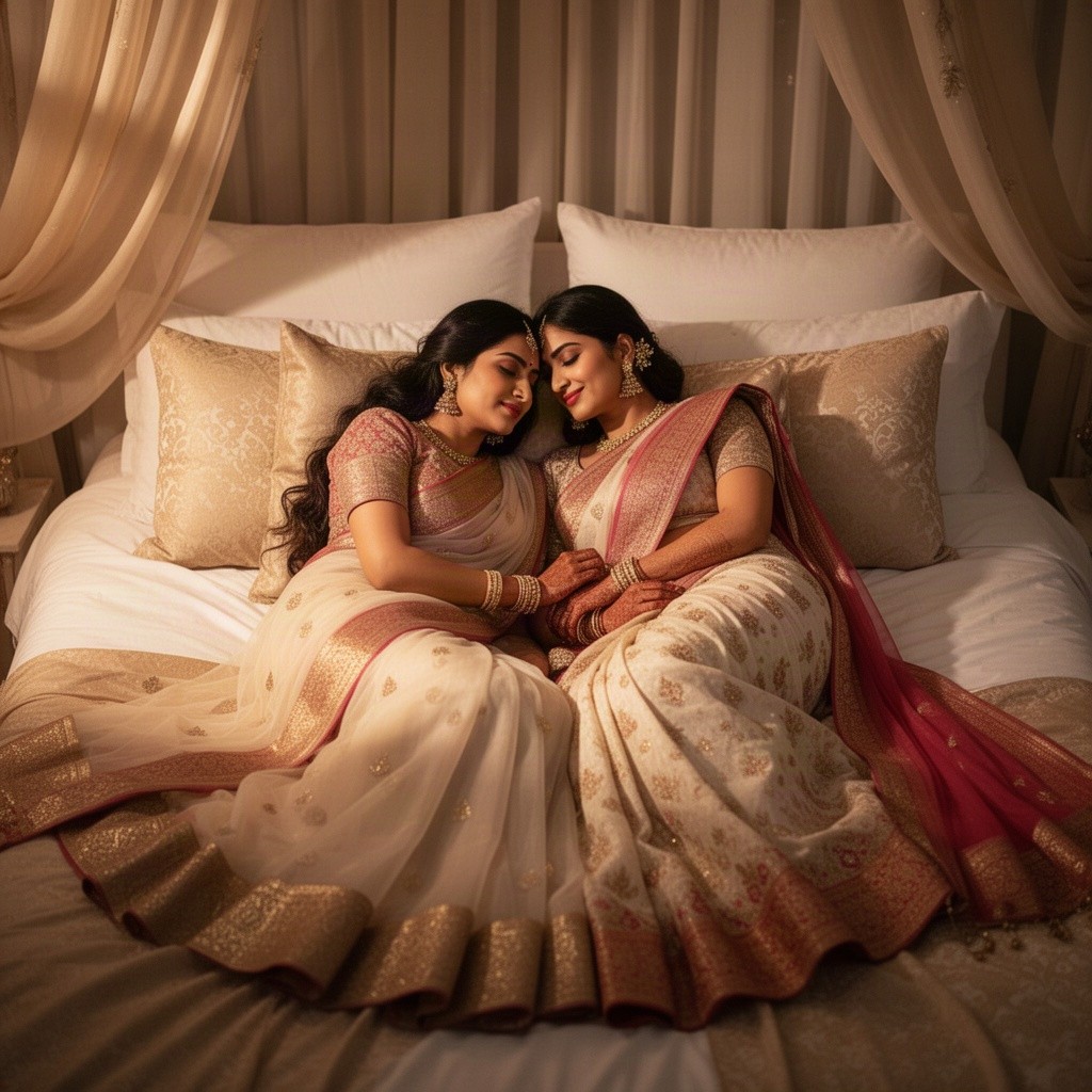 An intimate and romantic scene of an Indian couple lying together on a beautifully arranged bed, draped with elegant fabrics and soft pillows