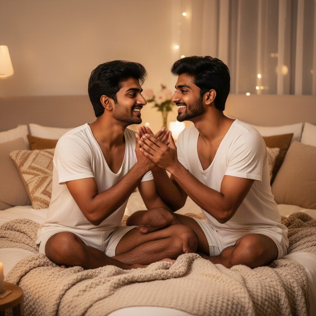 A romantic scene featuring a young South Asian couple in a cozy, intimate bedroom setting