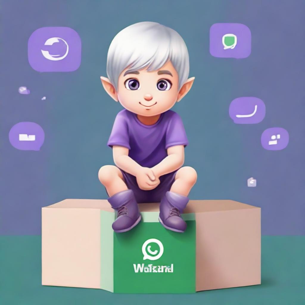 A 3-year-old half-elf boy with short silver hair and captivating purple eyes, comfortably seated on a box that has the WhatsApp logo, with a background wall covered with faded, stylish WhatsApp logos.