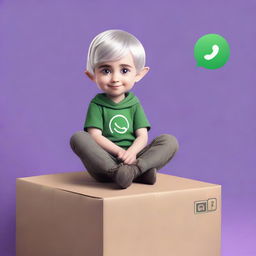 A 3-year-old half-elf boy with short silver hair and captivating purple eyes, comfortably seated on a box that has the WhatsApp logo, with a background wall covered with faded, stylish WhatsApp logos.