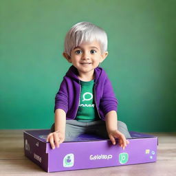 A 3-year-old half-elf boy with short silver hair and captivating purple eyes, comfortably seated on a box that has the WhatsApp logo, with a background wall covered with faded, stylish WhatsApp logos.