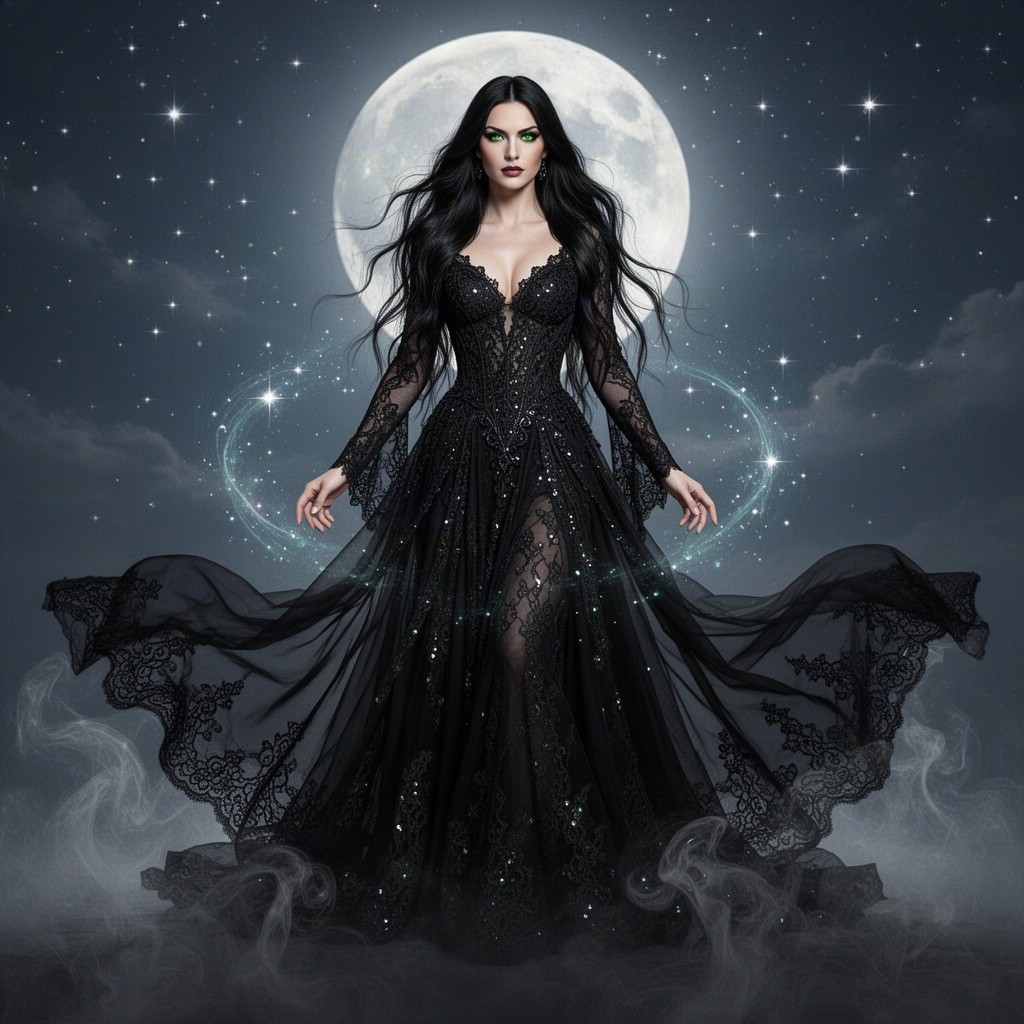 A stunning depiction of Lilith, the mythical figure, dressed in a flowing black gown