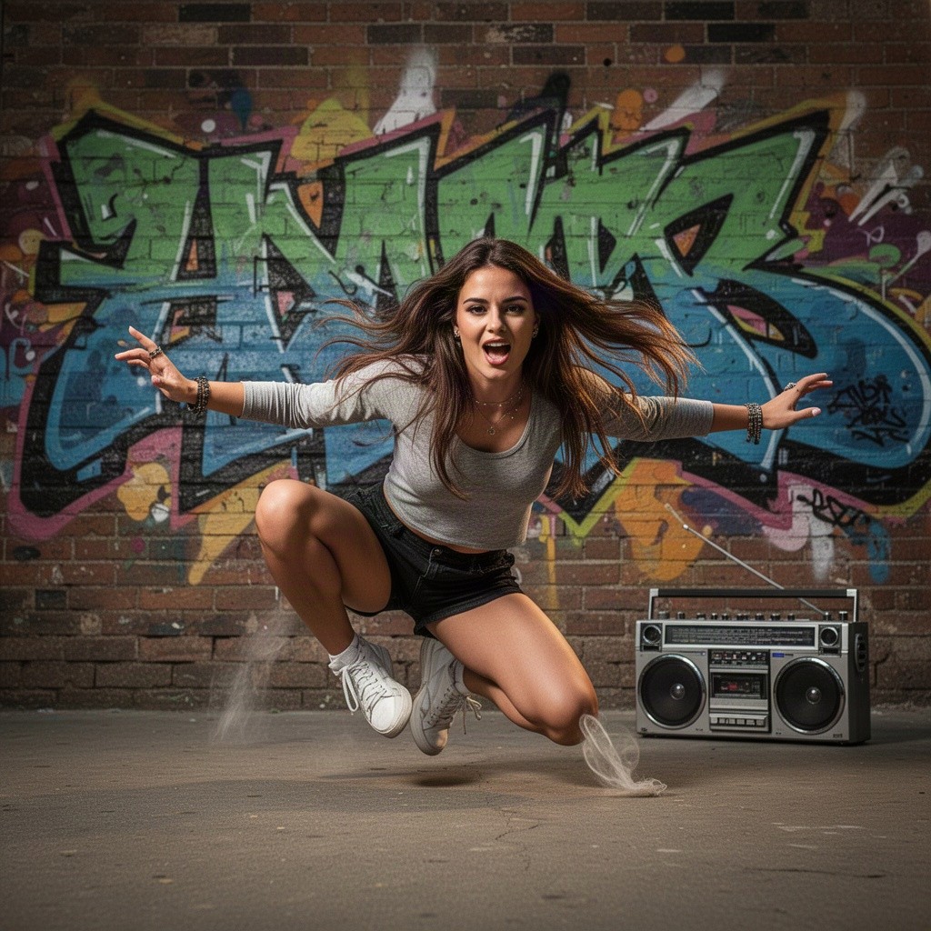 A beautiful young brunette woman performing a lower breakdance move in front of a brick wall adorned with colorful graffiti