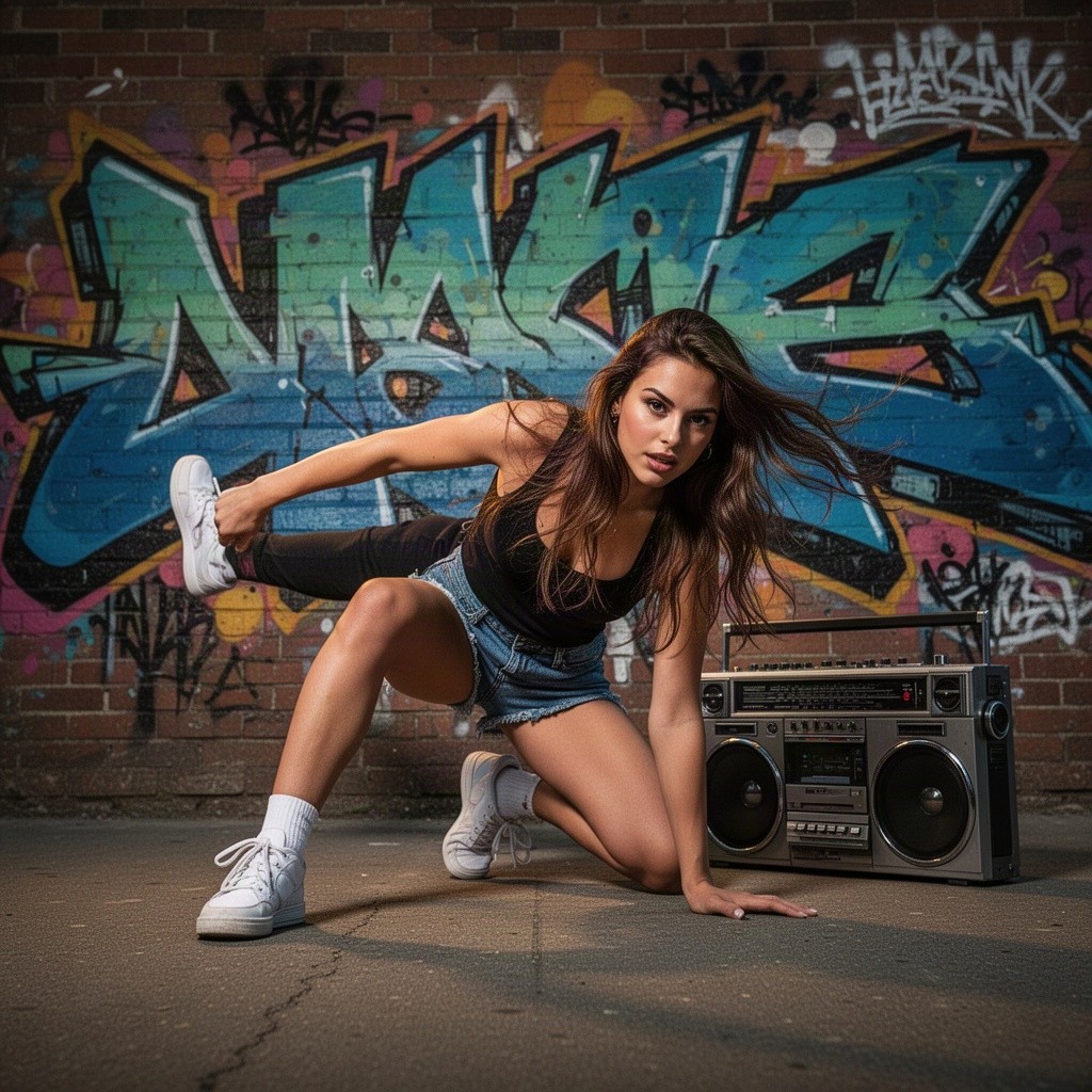 A beautiful young brunette woman performing a lower breakdance move in front of a brick wall covered in vibrant graffiti
