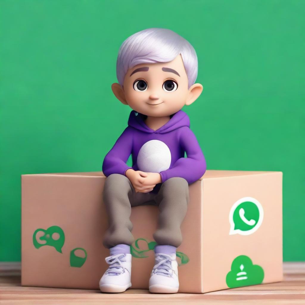 A 3-year-old half-elf boy with short silver hair and captivating purple eyes, comfortably seated on a box that has the WhatsApp logo, with a background wall covered with faded, stylish WhatsApp logos.