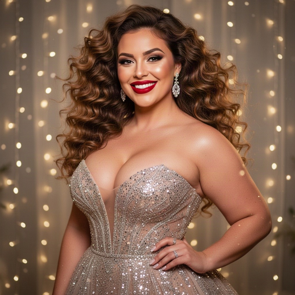 A stunning portrait of a buxom woman with flowing curly hair and an enchanting smile