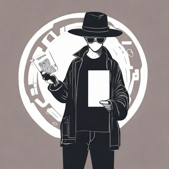 A hacker stands inside a circle of light, wearing a black hat, holding a card with 'bxcloner' in his right hand and another card with 'you lost' in his left. He also carries a high-tech laptop.