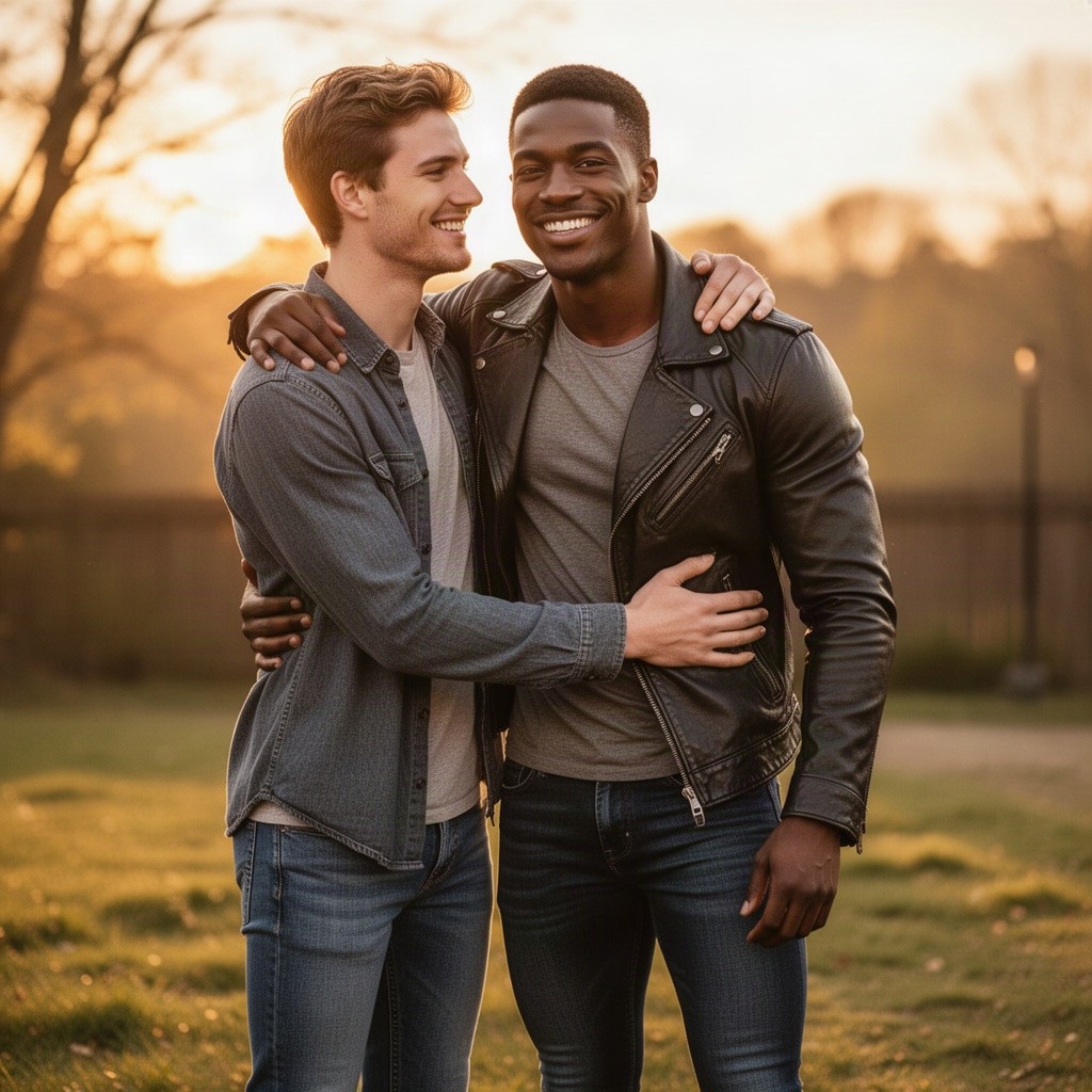 A nice, young white man in jeans and a casual shirt standing while hugging a handsome, athletic black man