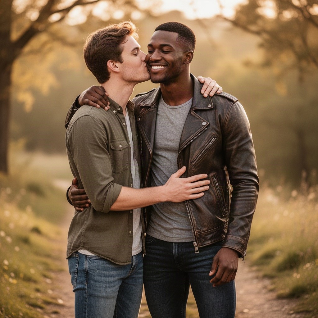 A nice, young white man in jeans and a casual shirt standing and embracing a handsome, athletic black man