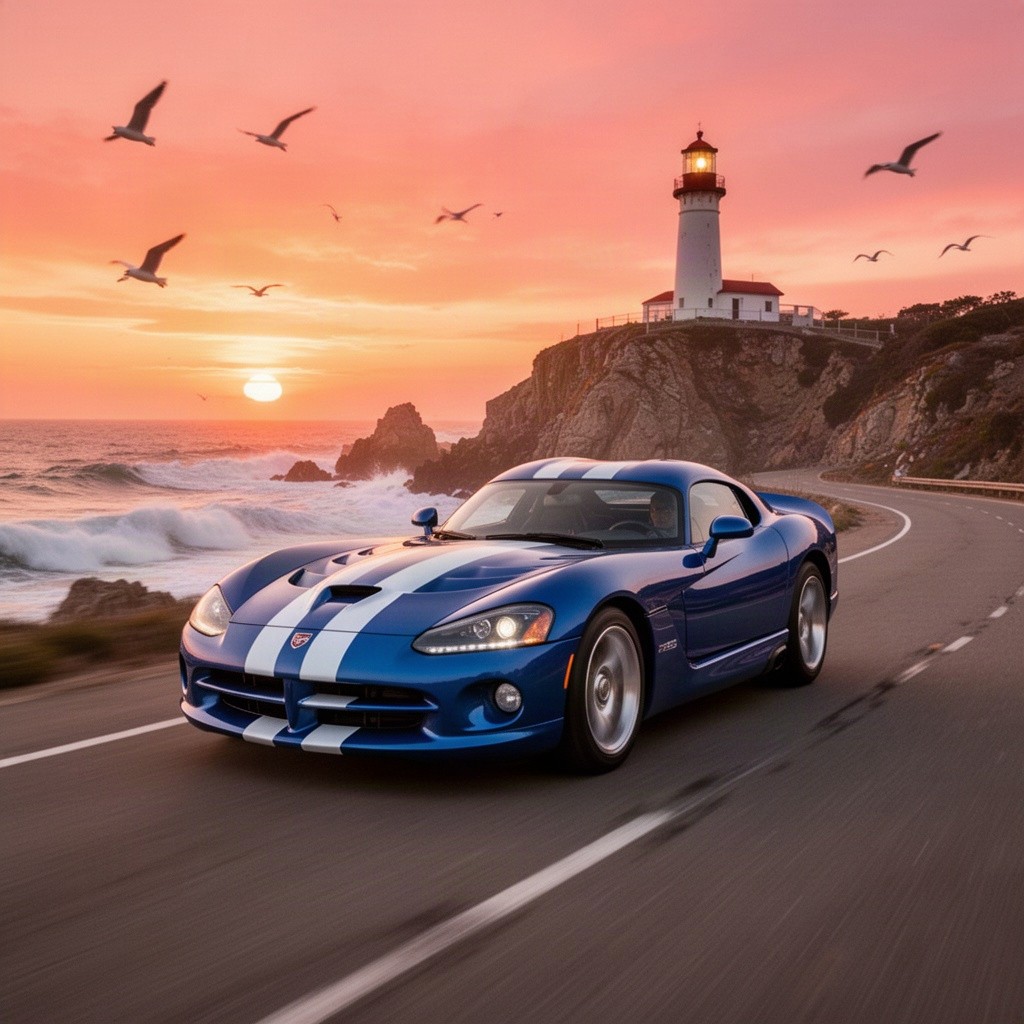 A blue Dodge Viper with white stripes speeding along a coastal road, with a lighthouse on a cliff in the background