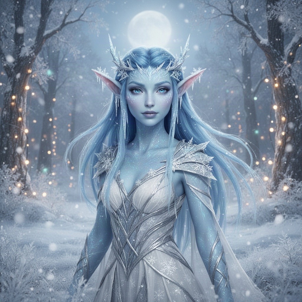 A Frost-Touched Elf, characterized by shimmering icy skin and delicate frost on their pointed ears