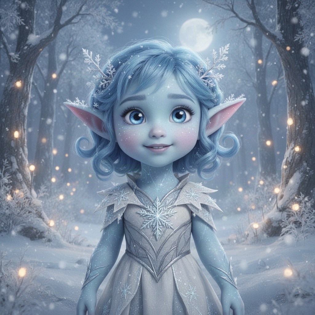 A Frost-Touched Elf child, aged between 6 to 10 years, with shimmering icy blue skin and delicate frost adorning their pointed ears