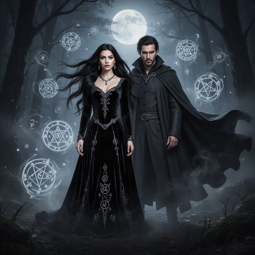 A beautiful young woman with an alluring yet mysterious presence, embodying the essence of a powerful evil witch, her long dark hair flowing elegantly around her shoulders, dressed in a stunning black velvet gown adorned with silver mystical symbols