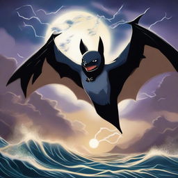 A bat displaying superpowers. It's soaring high in the moonlit night, emanating a luminescent glow. Lightning bolts and waves of energy ripple around it, painting a portrait of its newfound powers.