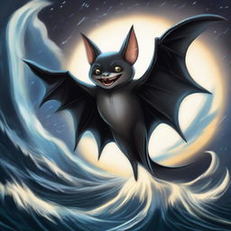 A bat displaying superpowers. It's soaring high in the moonlit night, emanating a luminescent glow. Lightning bolts and waves of energy ripple around it, painting a portrait of its newfound powers.