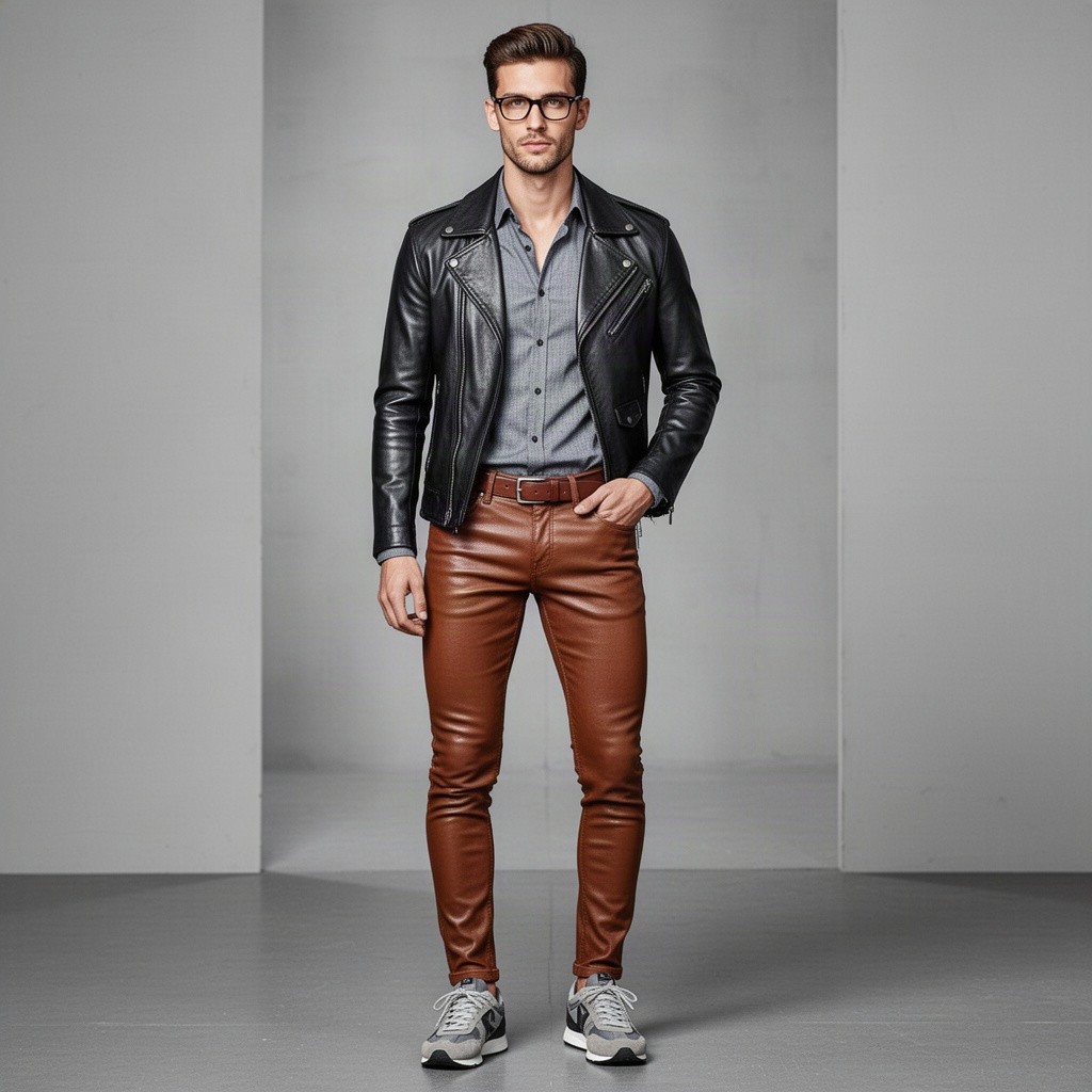 A slim, handsome, athletic man with eyeglasses, wearing a stylish shirt beneath a sleek leather jacket