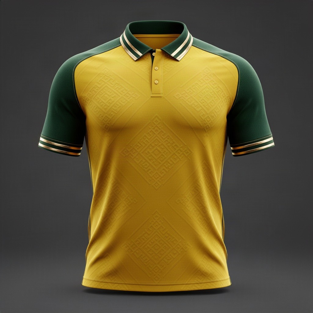 A premium football jersey concept for the JSK Club, featuring a vibrant yellow color as the primary hue, with elegant dark green sleeves