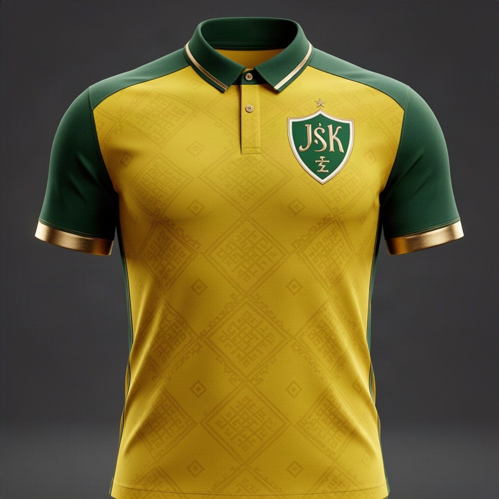A premium football jersey concept for JS Kabylie (JSK), featuring a bright vibrant yellow body with elegant dark green sleeves