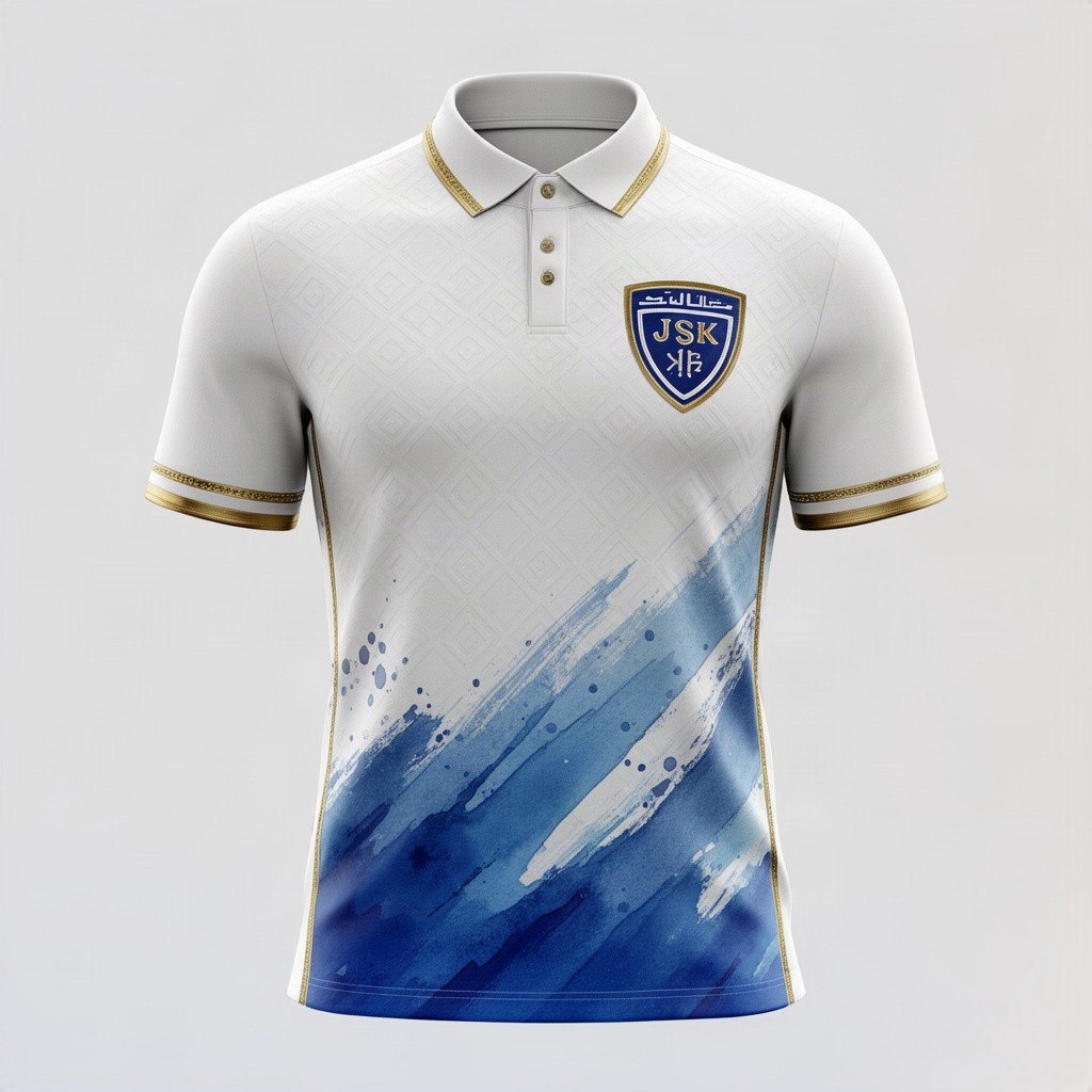 Premium football jersey concept for JSK Club, featuring a primary pure crisp white fabric