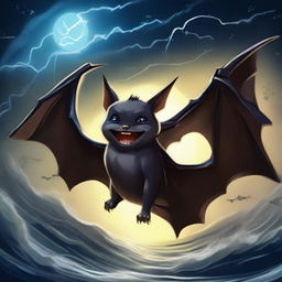 A bat displaying superpowers. It's soaring high in the moonlit night, emanating a luminescent glow. Lightning bolts and waves of energy ripple around it, painting a portrait of its newfound powers.