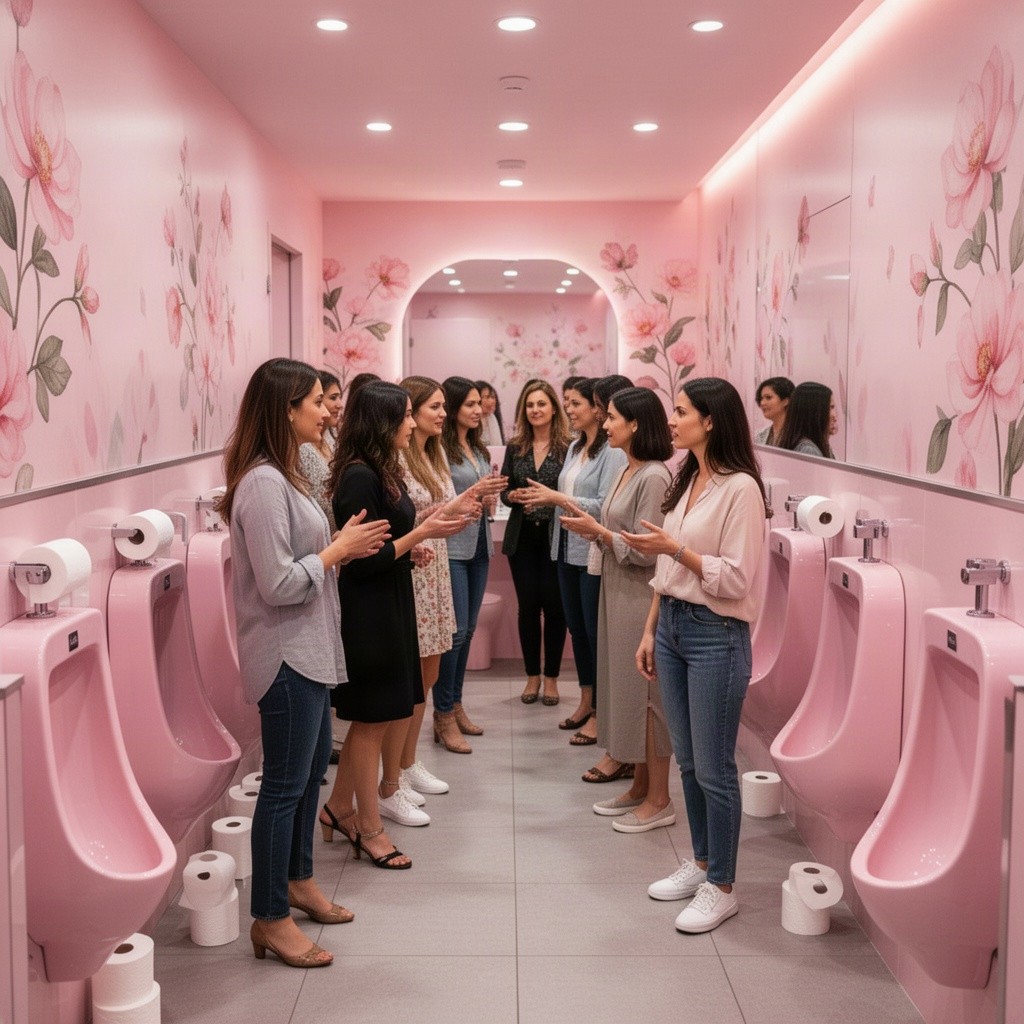 A busy women's restroom featuring modern and stylish pink female urinals and neatly arranged toilet paper