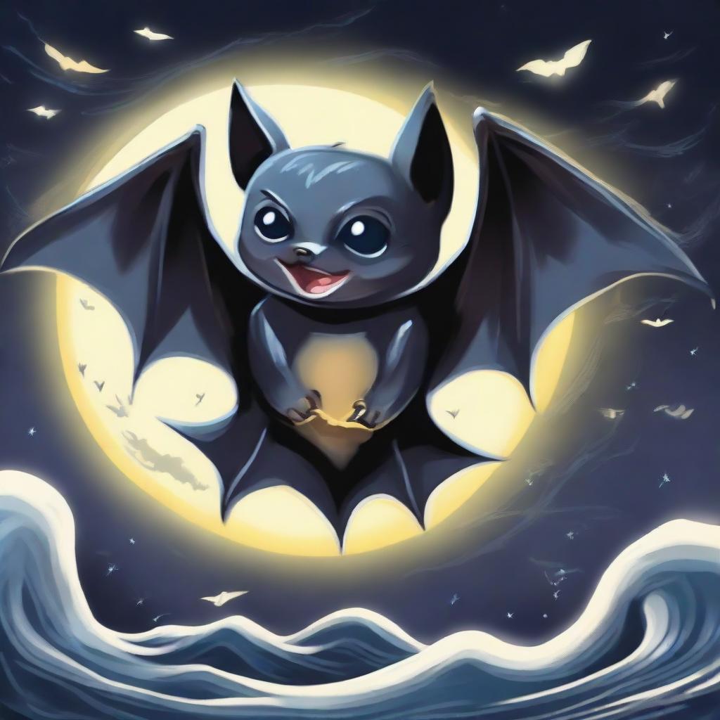 A bat displaying superpowers. It's soaring high in the moonlit night, emanating a luminescent glow. Lightning bolts and waves of energy ripple around it, painting a portrait of its newfound powers.