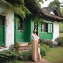 A stunning woman casually standing near a traditional, quaint house surrounded by lush green landscape