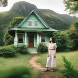 A stunning woman casually standing near a traditional, quaint house surrounded by lush green landscape