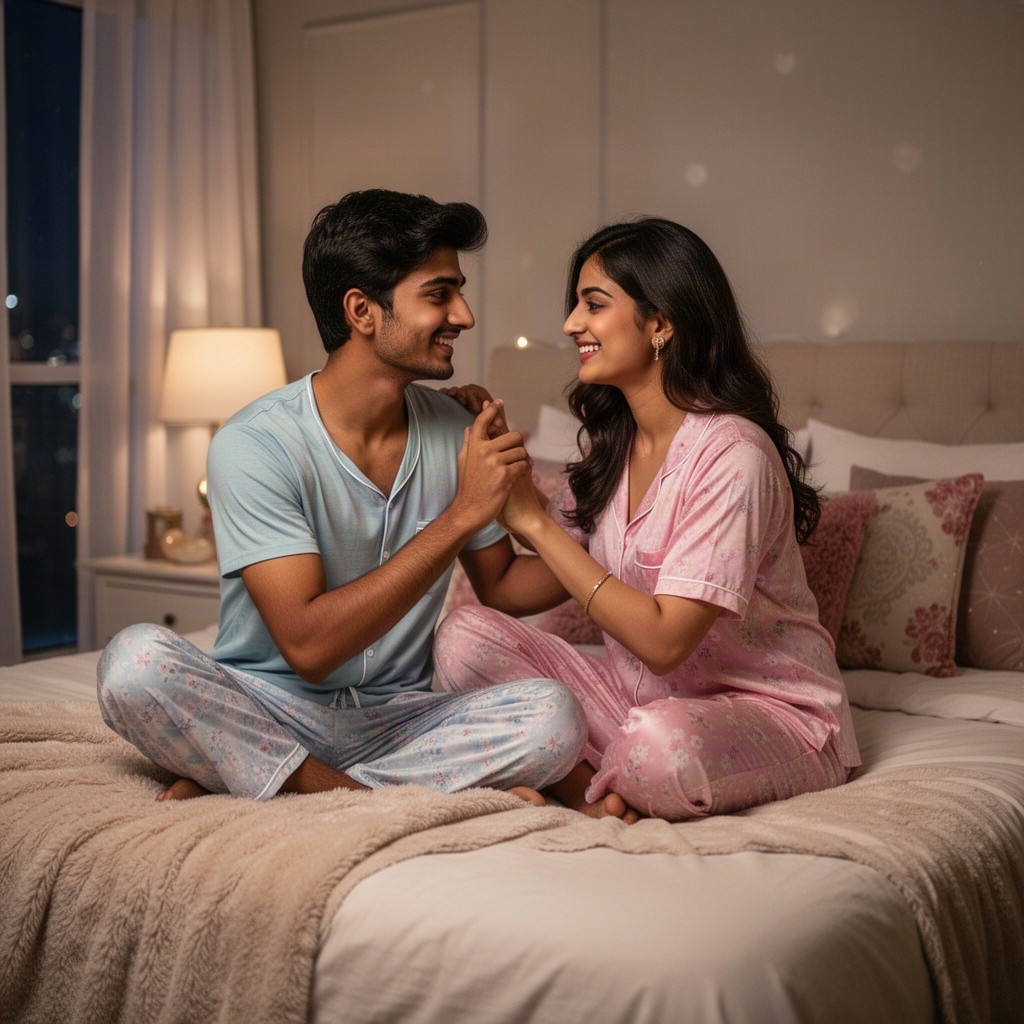 A young Indian couple, both around 25 years old, in a cozy bedroom setting at night