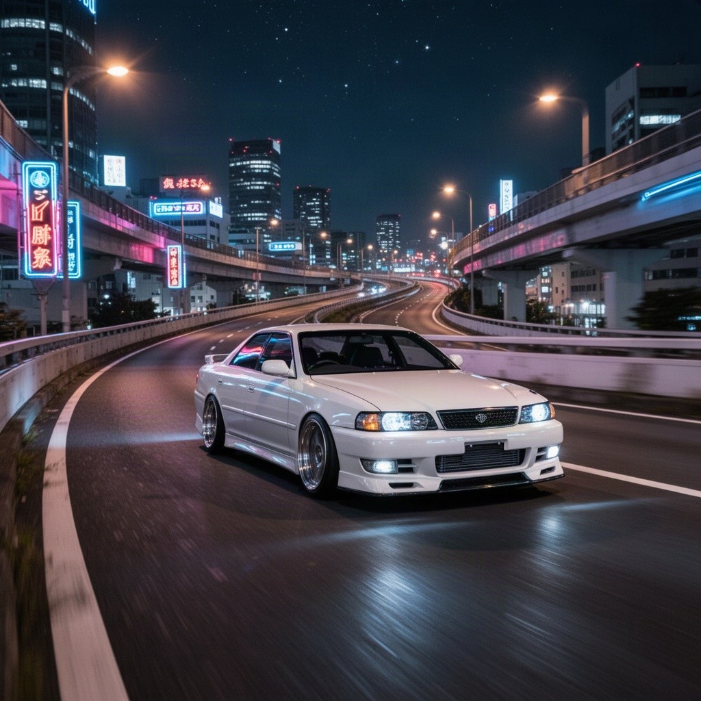 A solitary white Toyota Chaser 100, elegantly modified, cruising down the nighttime Shuto Expressway