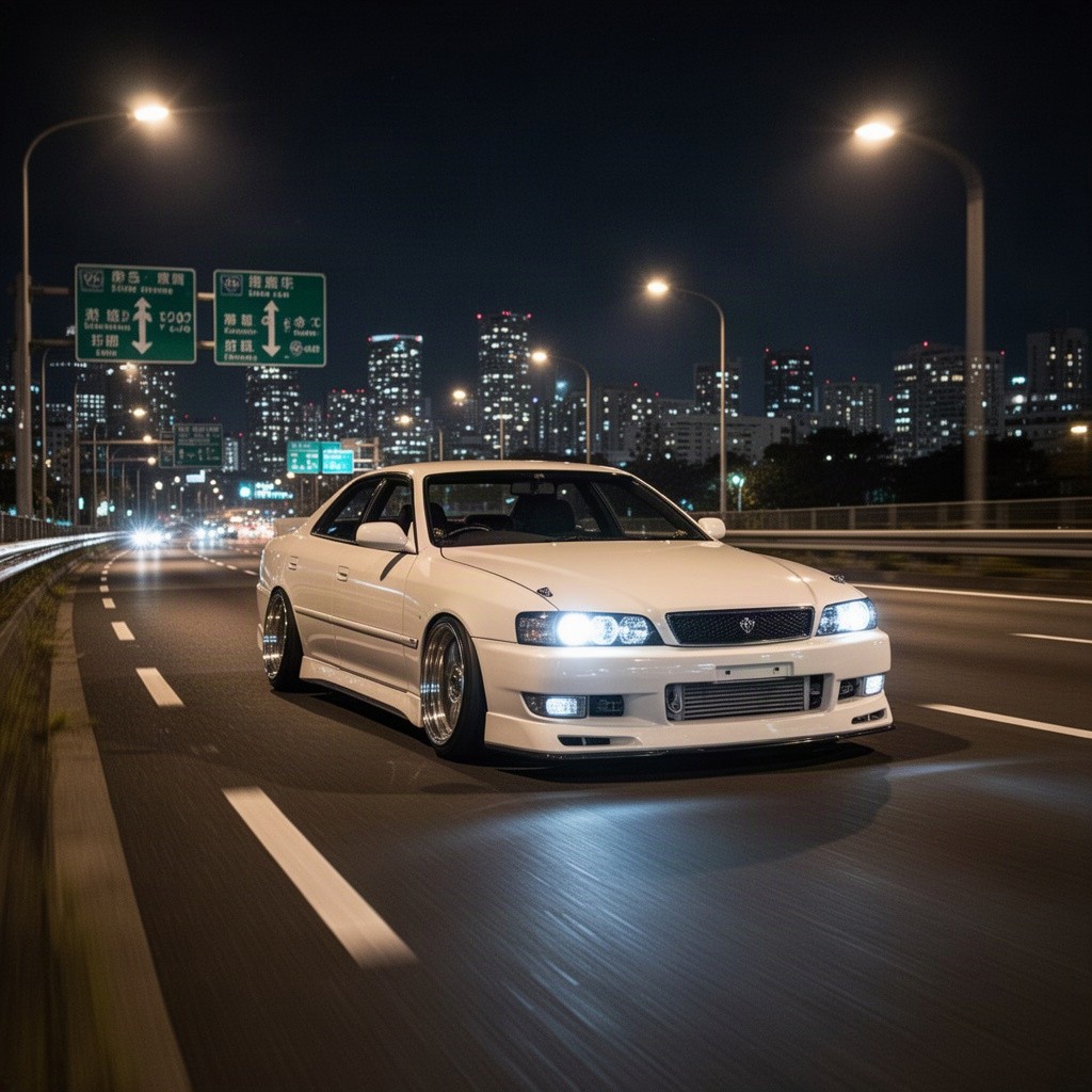 A white, solitary, tuned Toyota Chaser JZX100 driving on a night highway, illuminated by the glow of streetlights