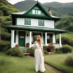 A stunning woman casually standing near a traditional, quaint house surrounded by lush green landscape