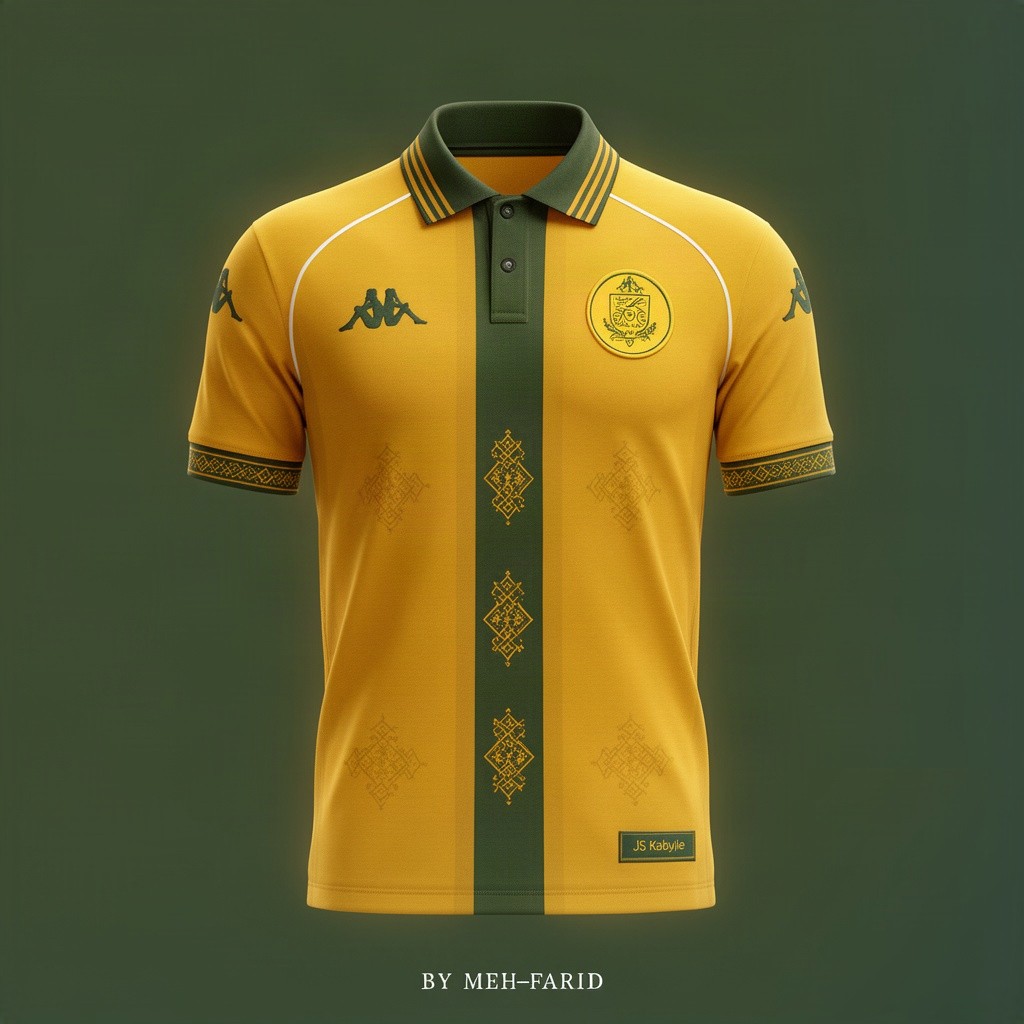 Ultra-realistic product photography of a premium football jersey for JS Kabylie (JSK), presented in the exact style of official Kappa / Nike / Adidas product campaigns