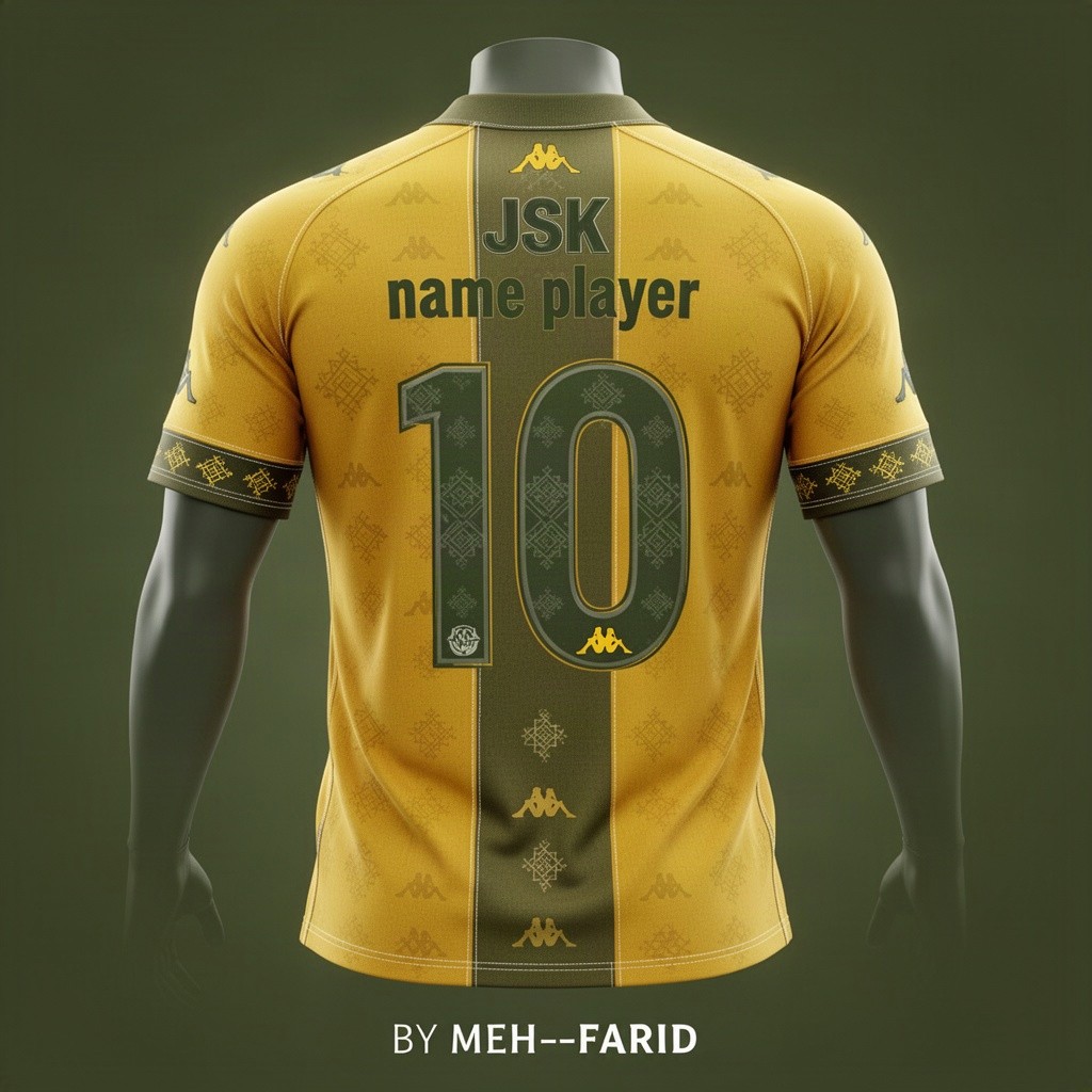 Ultra-realistic product photography of the BACK of a premium football jersey for JS Kabylie (JSK), designed in the official Kappa product campaign style