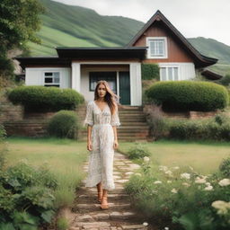 A stunning woman casually standing near a traditional, quaint house surrounded by lush green landscape