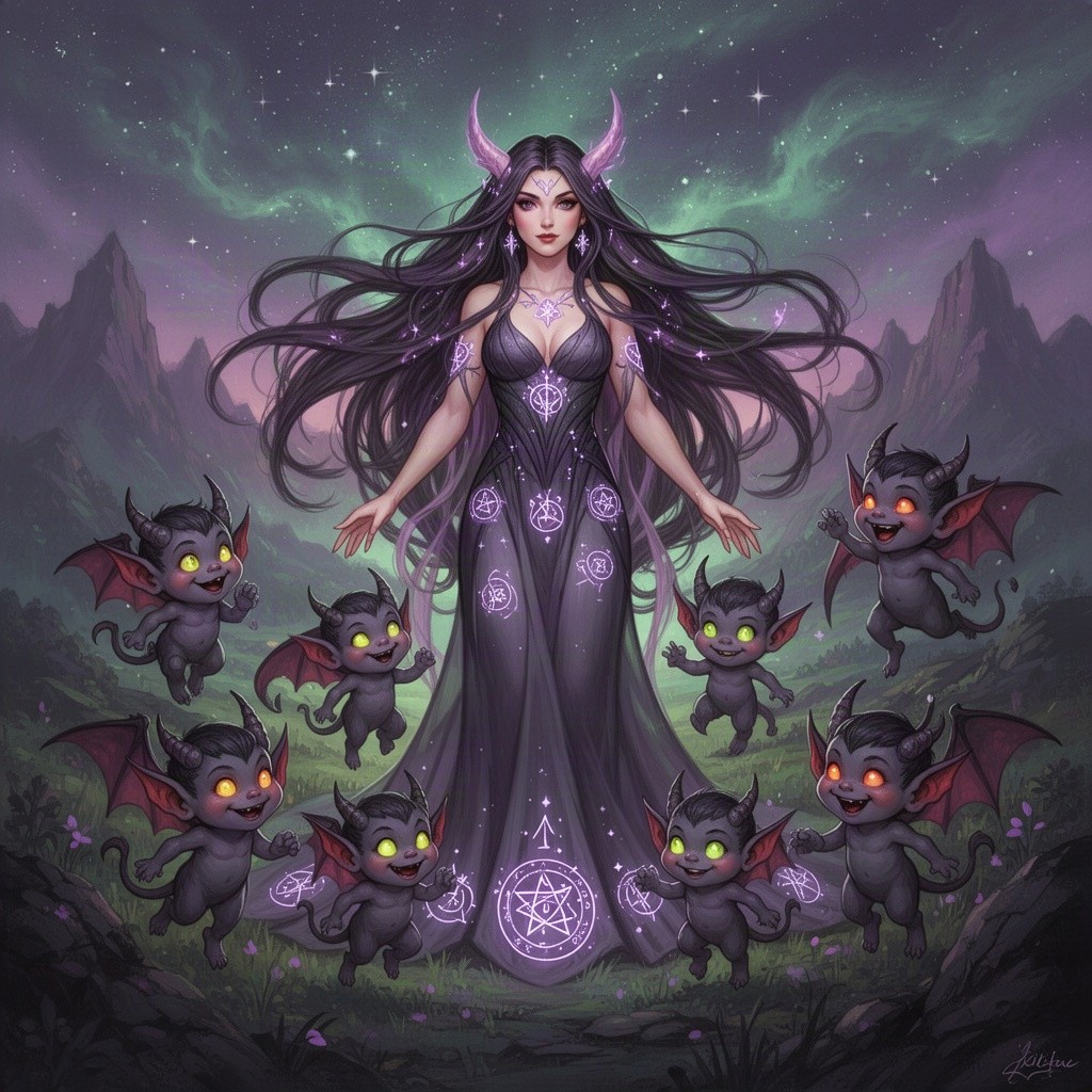 A striking illustration of Lilith, depicted as a powerful and enchanting figure with long flowing hair, surrounded by playful, mischievous child-like demons
