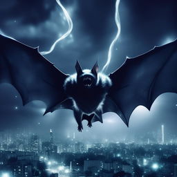 A bat displaying superpowers, emitting a glow and surrounded by energy waves. The bat is floating in a moonlit sky with a city backdrop, illustrating the sense of power and majesty.