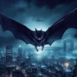 A bat displaying superpowers, emitting a glow and surrounded by energy waves. The bat is floating in a moonlit sky with a city backdrop, illustrating the sense of power and majesty.