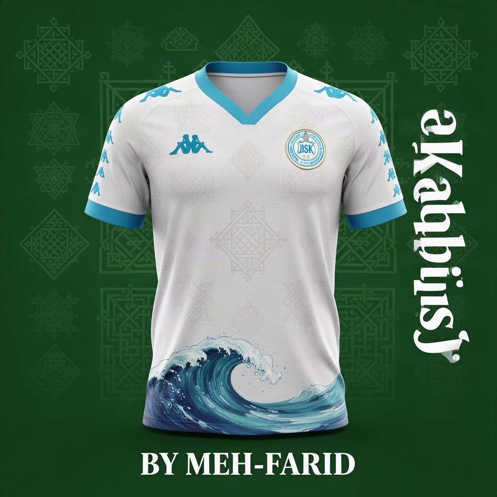 Ultra-realistic professional product photography of a premium football jersey for JS Kabylie (JSK), presented like a high-end official kit launch