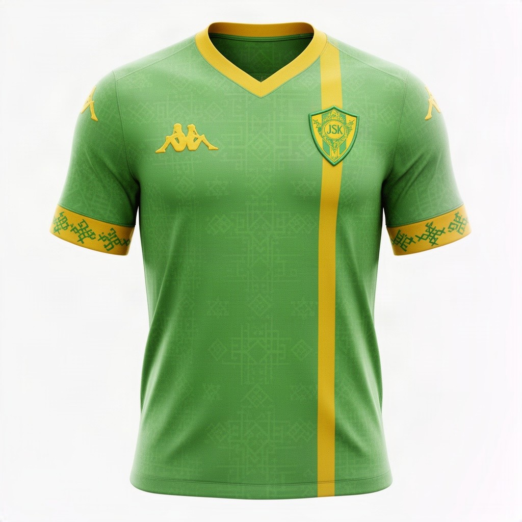 Ultra-realistic professional product photography of a premium football jersey for JS Kabylie (JSK), displayed as a world-class official kit launch from Nike or Adidas
