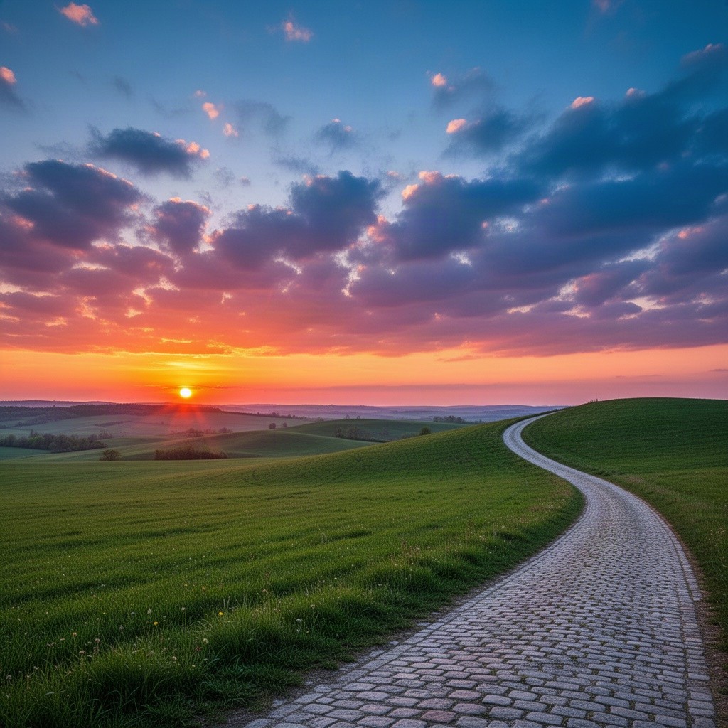 An incredibly beautiful dusk sunset over a vast, lush green field adorned with small rolling hills