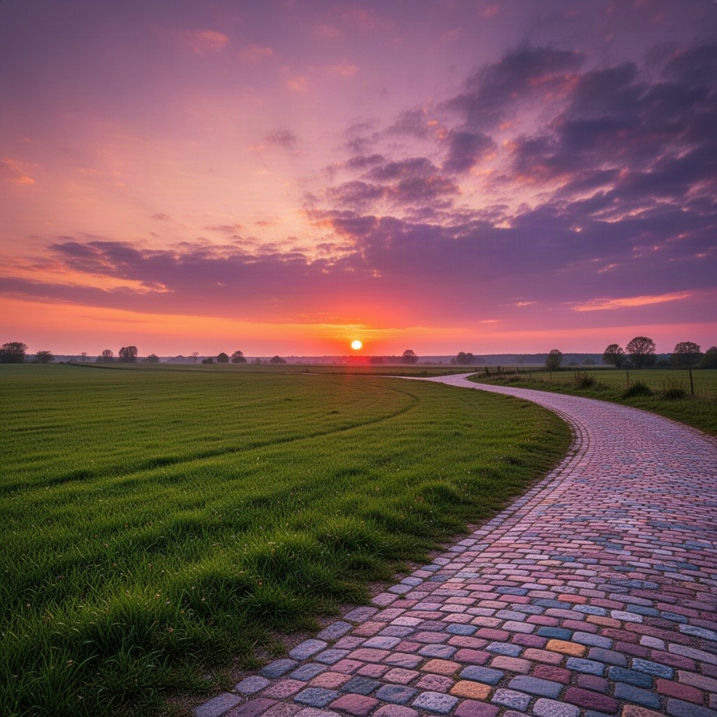 The sky transforms into a captivating canvas of molten orange, deep violet, and burnt amber as the sun gracefully dips below the horizon like a glowing ember