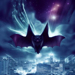 A bat displaying superpowers, emitting a glow and surrounded by energy waves. The bat is floating in a moonlit sky with a city backdrop, illustrating the sense of power and majesty.