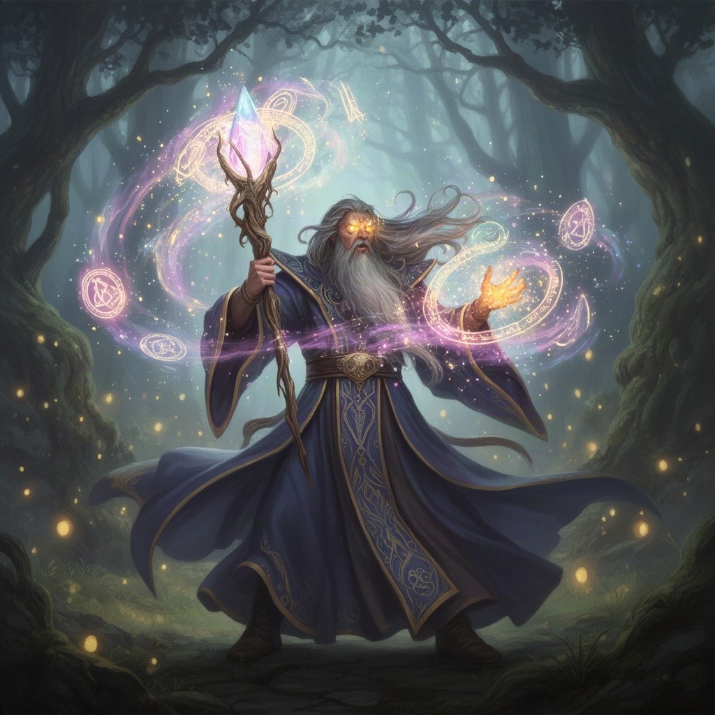 A mighty wizard in an elaborate robe, standing confidently while casting a vibrant spell