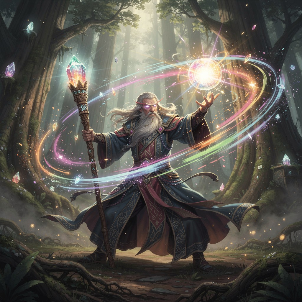 An impressive wizard in richly detailed robes, energetically casting a spell